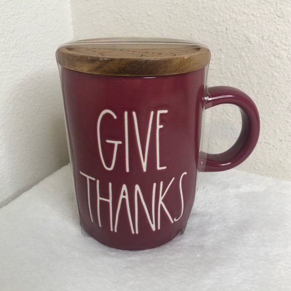 Rae Dunn "GIVE THANKS" Wood Lid Coffee Mug Fall Autumn Thanksgiving NWOT - Picture 1 of 4